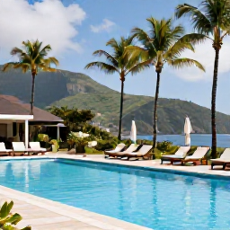 Caribbean Holidays, Montserrat in December, Relaxed all-inclusive resort on Montserrat in December, with a swimming pool, palm trees, comfortable loungers and views towards green hills