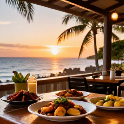 Caribbean Holidays, Montserrat in February, A friendly open-air restaurant in Montserrat serving fresh Caribbean food at sunset, with palm trees and the sea in the background