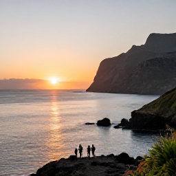 Caribbean Holidays, Montserrat in February, A peaceful Montserrat coastline at sunset in February, with calm Caribbean water, volcanic cliffs and a small group enjoying the view