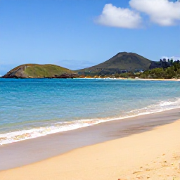 Caribbean Holidays, Montserrat in February, A quiet golden beach on Montserrat with clear turquoise Caribbean water, volcanic hills and a bright February sky