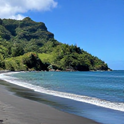 Caribbean Holidays, Montserrat in February, Black sand beach at Rendezvous Bay, Montserrat, with snorkellers, calm turquoise sea and forested hills
