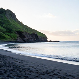 Caribbean Holidays, Montserrat in February, Black volcanic sand beach on Montserrat with calm Caribbean sea, green cliffs and a relaxed February afternoon atmosphere