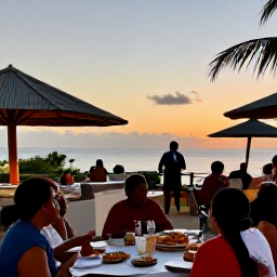 Caribbean Holidays, Montserrat in February, Friendly Montserrat restaurant and small local music gathering at sunset in February, Caribbean food and relaxed atmosphere
