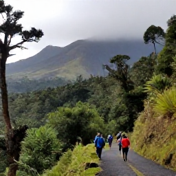Caribbean Holidays, Montserrat in February, Guided nature walk through Montserrat rainforest in February, with lush foliage, volcanic slopes and a small group of walkers
