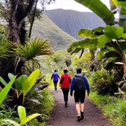 Caribbean Holidays, Montserrat in February, Hikers walking through lush Montserrat rainforest on a marked trail, with tropical plants, volcanic slopes and sunlight filtering through the trees