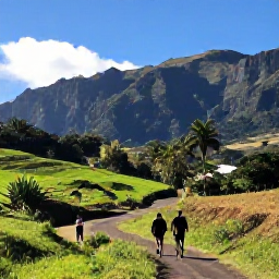Caribbean Holidays, Montserrat in February, Travellers walking through lush Montserrat countryside in February, tropical vegetation, mountain views and a clear blue sky