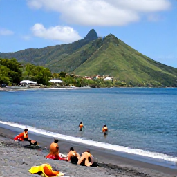 Caribbean Holidays, Montserrat in February, Visitors swimming and sunbathing on a peaceful black-sand beach in Montserrat, framed by green hills and calm blue sea
