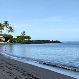 Caribbean Holidays, Montserrat in June, A peaceful Montserrat beach in June with calm turquoise water, dark volcanic sand, palm trees and a few visitors swimming