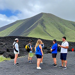 Caribbean Holidays, Montserrat in June, Visitors exploring the volcanic landscape around Montserrat, with green slopes, black volcanic earth and a knowledgeable local guide