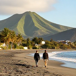 Caribbean Holidays, Montserrat in March, A couple walking along a quiet black-sand beach on Montserrat in warm March sunshine, with green volcanic hills in the background