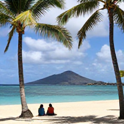 Caribbean Holidays, Montserrat in March, A quiet Montserrat beach in March with palm trees, volcanic sand, turquoise water and a couple enjoying a peaceful afternoon
