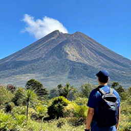 Caribbean Holidays, Montserrat in March, A traveller exploring Montserrat&rsquo;s volcanic landscape in March, with the Soufri&egrave;re Hills volcano, lush vegetation and a clear blue sky