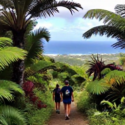 Caribbean Holidays, Montserrat in March, Couple hiking through a lush tropical trail in Montserrat in March, with palms, ferns and views towards the Caribbean Sea