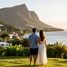 Caribbean Holidays, Montserrat in March, Happy couple overlooking the green hills and coastline of Montserrat in warm March light, with a peaceful Caribbean holiday atmosphere