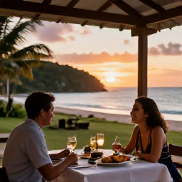 Caribbean Holidays, Montserrat in March, Romantic couple dining outdoors at a small Montserrat restaurant at sunset, with local Caribbean food and a relaxed island atmosphere