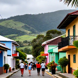 Caribbean Holidays, Montserrat in March, Visitors walking through a colourful Montserrat village street in March, with local buildings, tropical plants and distant green hills