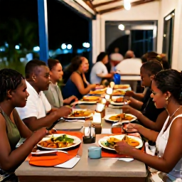 Caribbean Holidays, Montserrat in October, Friendly local restaurant in Montserrat serving Caribbean food, with diners enjoying an evening meal outdoors