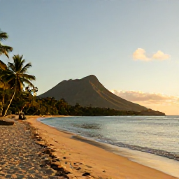 Caribbean Holidays, Montserrat in September, A quiet tropical beach on Montserrat in September, with volcanic hills, palms and calm Caribbean water under a warm sky