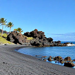 Caribbean Holidays, Montserrat in September, Black sand beach on Montserrat with deep blue Caribbean water, volcanic rocks and a few palm trees