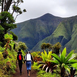 Caribbean Holidays, Montserrat in September, Hikers walking through lush Montserrat woodland towards volcanic scenery, with tropical plants and dramatic green slopes