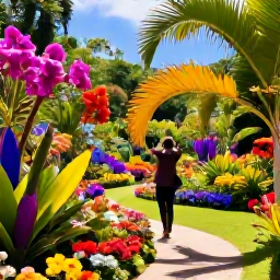 Caribbean Holidays, Montserrat Instagram Spots, Colourful tropical garden in Montserrat with exotic flowers, palm leaves and a visitor taking photographs in natural sunlight