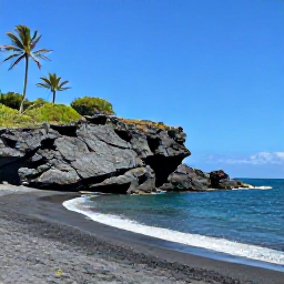 Caribbean Holidays, Montserrat Instagram Spots, Quiet black-sand beach on Montserrat with palm trees, volcanic cliffs and clear Caribbean water under a bright blue sky