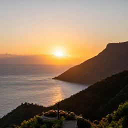 Caribbean Holidays, Montserrat Instagram Spots, Sunset over Montserrat coastline with golden sky, calm Caribbean Sea, silhouetted hills and a small viewpoint