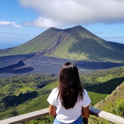 Caribbean Holidays, Montserrat Instagram Spots, Visitor viewing the volcanic landscape of Montserrat from a safe viewpoint, with Soufriere Hills and rugged green terrain in the distance