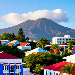 Caribbean Holidays, Montserrat January Holidays, A bright January morning in Plymouth, Montserrat, with tropical greenery, colourful buildings and the volcanic landscape in the distance