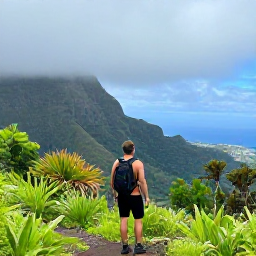 Caribbean Holidays, Montserrat January Holidays, A hiker on a green Montserrat trail looking towards misty volcanic hills, tropical plants and the Caribbean sea