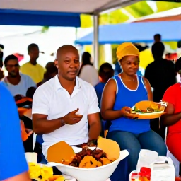 Caribbean Holidays, Montserrat January Holidays, A lively Montserrat cultural gathering with local musicians, traditional food and visitors enjoying a friendly Caribbean atmosphere