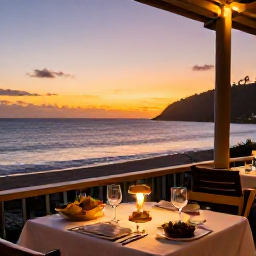 Caribbean Holidays, Montserrat January Holidays, A relaxed sunset dinner in Montserrat with Caribbean dishes, gentle coastal light and an inviting local restaurant setting