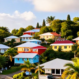 Caribbean Holidays, Montserrat January Holidays, A welcoming village scene in Montserrat during January, with colourful Caribbean homes, tropical greenery and bright morning light