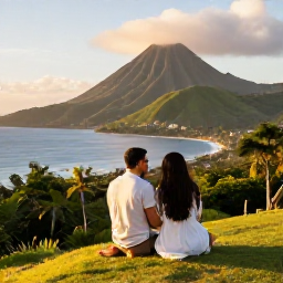 Caribbean Holidays, Montserrat January Holidays, Happy couple enjoying a calm January holiday in Montserrat, overlooking green volcanic hills and the Caribbean Sea in warm evening light