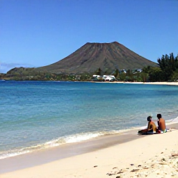 Caribbean Holidays, Montserrat January Holidays, Quiet tropical beach on Montserrat in January, with clear Caribbean water, volcanic hills and a couple relaxing by the shore