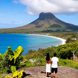 Caribbean Holidays, Montserrat January Holidays, Scenic Montserrat coastline in January with volcanic landscape, turquoise sea, lush vegetation and a couple exploring a quiet viewpoint