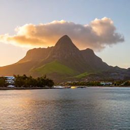 Caribbean Holidays, Montserrat January Holidays, Sunset over Montserrat with a tranquil Caribbean harbour, green hills and warm golden light in the evening sky