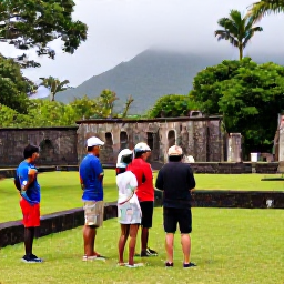 Caribbean Holidays, Montserrat January Holidays, Visitors exploring a Montserrat cultural heritage site with a local guide, surrounded by tropical vegetation and historic ruins