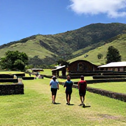 Caribbean Holidays, Montserrat January Holidays, Visitors walking through a Montserrat cultural site with local guides, historic ruins and lush green hills under a sunny sky