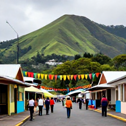 Caribbean Holidays, Montserrat July Festivals, A lively Montserrat village street in July with colourful Caribbean decorations, local people gathering and green volcanic hills in the background