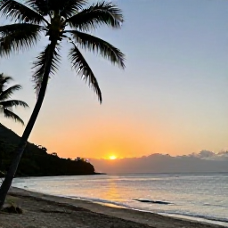 Caribbean Holidays, Montserrat July Festivals, A peaceful Montserrat sunset over the Caribbean Sea, with a quiet shoreline, silhouettes of palm trees and warm evening light