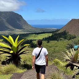 Caribbean Holidays, Montserrat July Festivals, A visitor hiking through lush Montserrat countryside in July, with tropical vegetation, volcanic slopes and a clear view towards the Caribbean Sea