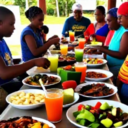 Caribbean Holidays, Montserrat July Festivals, Fresh Caribbean food being prepared at an outdoor Montserrat gathering, with grilled fish, local vegetables, fruit and colourful drinks on a communal table
