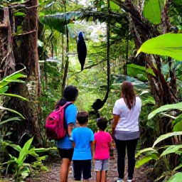 Caribbean Holidays, Montserrat June Holidays, A family enjoying a guided nature walk through Montserrat's lush rainforest, with tropical plants, birds and a knowledgeable local guide