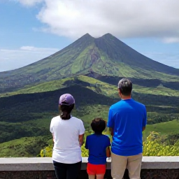Caribbean Holidays, Montserrat June Holidays, A family visiting Montserrat Volcano Observatory, viewing the Soufriere Hills volcano and dramatic green landscape from a safe viewpoint