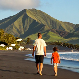 Caribbean Holidays, Montserrat June Holidays, A family walking along a quiet black-sand beach on Montserrat in warm June sunshine, green volcanic hills in the background