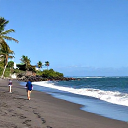 Caribbean Holidays, Montserrat June Holidays, A quiet black-sand beach on Montserrat in June, with gentle waves, palm trees and a visitor enjoying a peaceful coastal walk