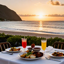 Caribbean Holidays, Montserrat June Holidays, A relaxed evening meal in Montserrat with Caribbean dishes, local drinks and a warm sunset over the sea