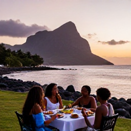 Caribbean Holidays, Montserrat June Holidays, A relaxed family evening in Montserrat with a local Caribbean meal, soft sunset light and a peaceful island atmosphere