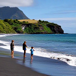 Caribbean Holidays, Montserrat June Holidays, Children exploring a calm Montserrat beach with parents, gentle Caribbean waves, volcanic sand and lush coastal scenery